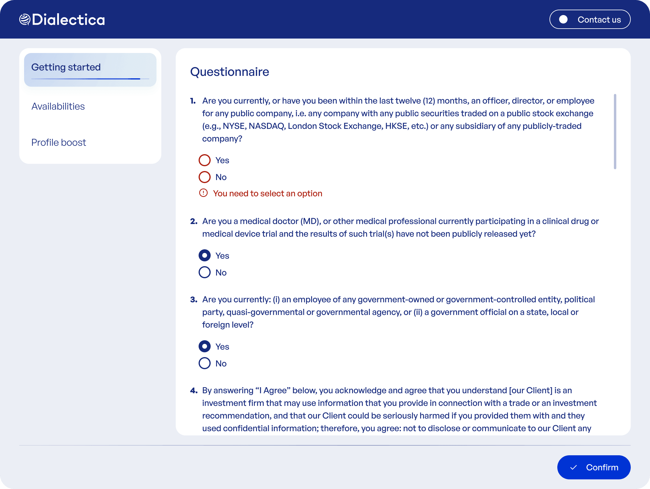 The Questionnaire sub-step of Getting Started: client-configured yes/no questions with inline validation